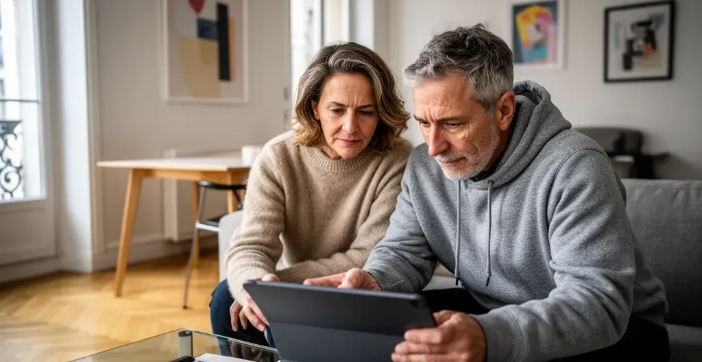 Couple français consultant une estimation immobilière sur tablette dans leur appartement lyonnais