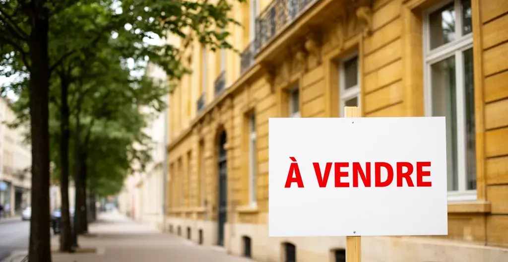 Panneau À VENDRE devant un immeuble en pierre dorée typique de Lyon, rue résidentielle